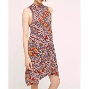 Anthropologie Maeve Paisley Geometric Print Mock Neck Asymmetrical Dress L